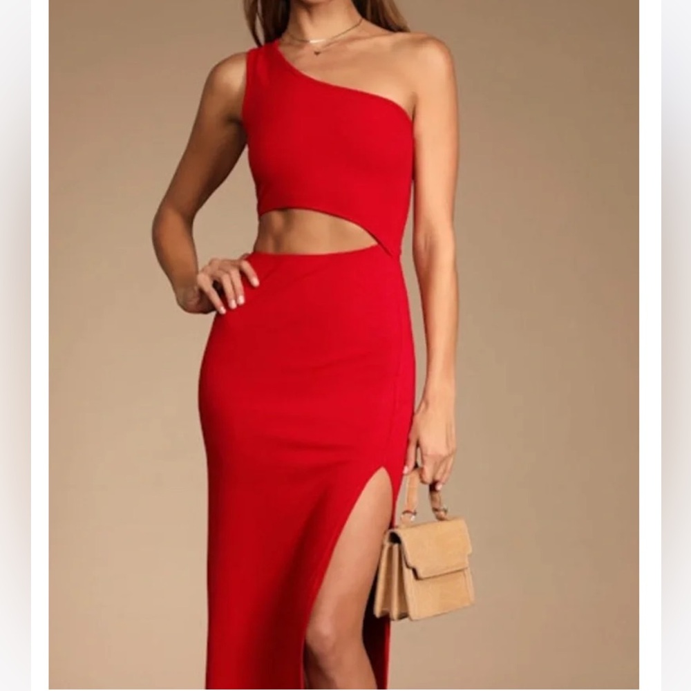 Lulu's Red one shoulder croptop Maxi dress with Side Slit